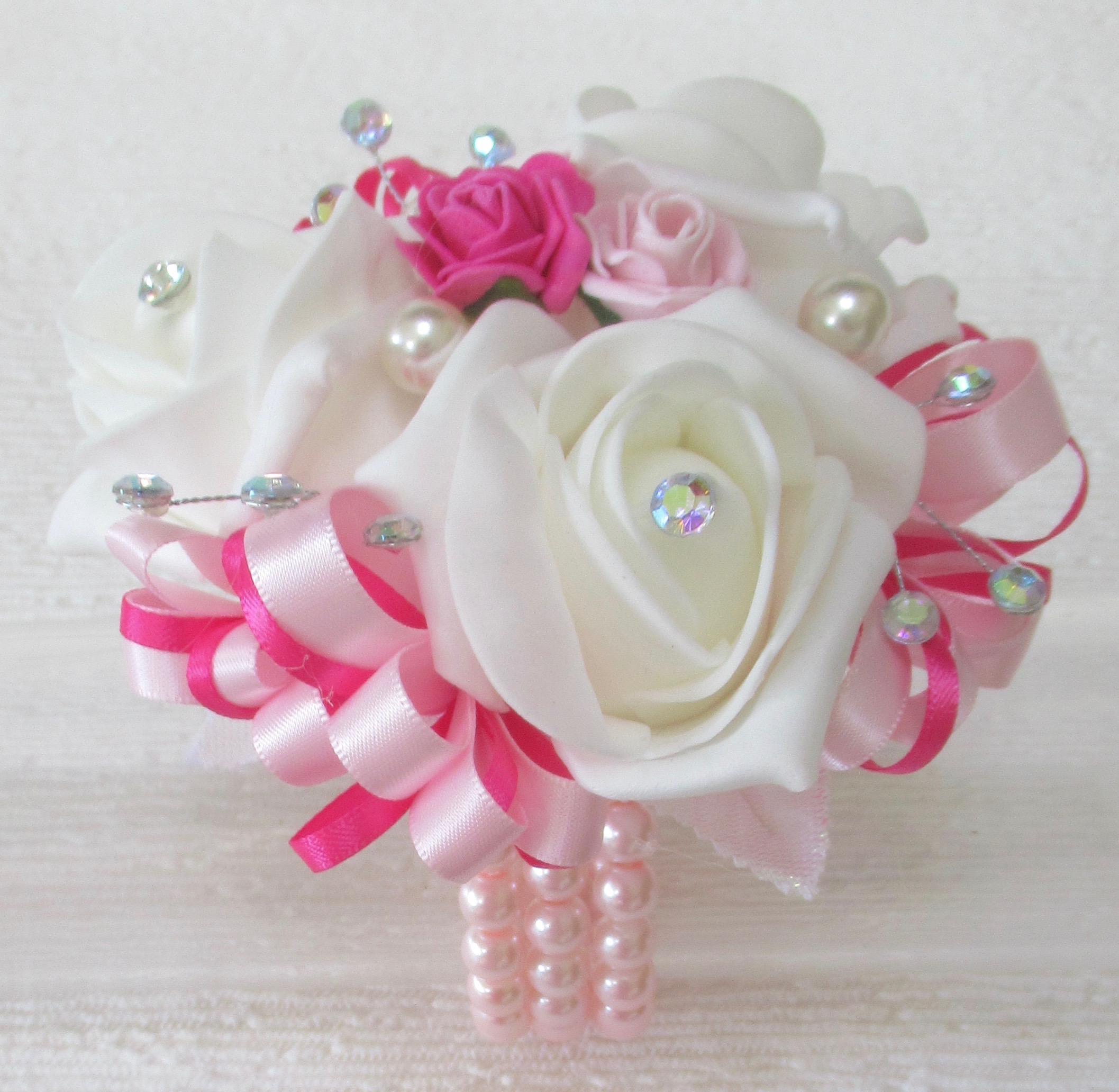 Fuchsia, Baby Pink & White Wrist Corsage With Crystals